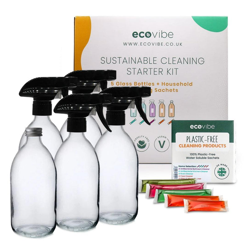 Glass bottles with ecovibe cleaning sachet kit