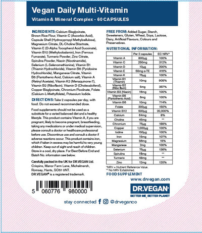 DR.VEGAN Daily multi-vitamin back label with ingredients