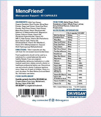 DR.VEGAN Menofriend menopause support back label with ingredients 