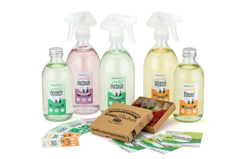 Plastic-Free Soluble Cleaning Sachets (set of 5) With Glass Bottles And Labels