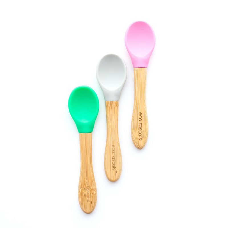Set of three spoons green grey pink